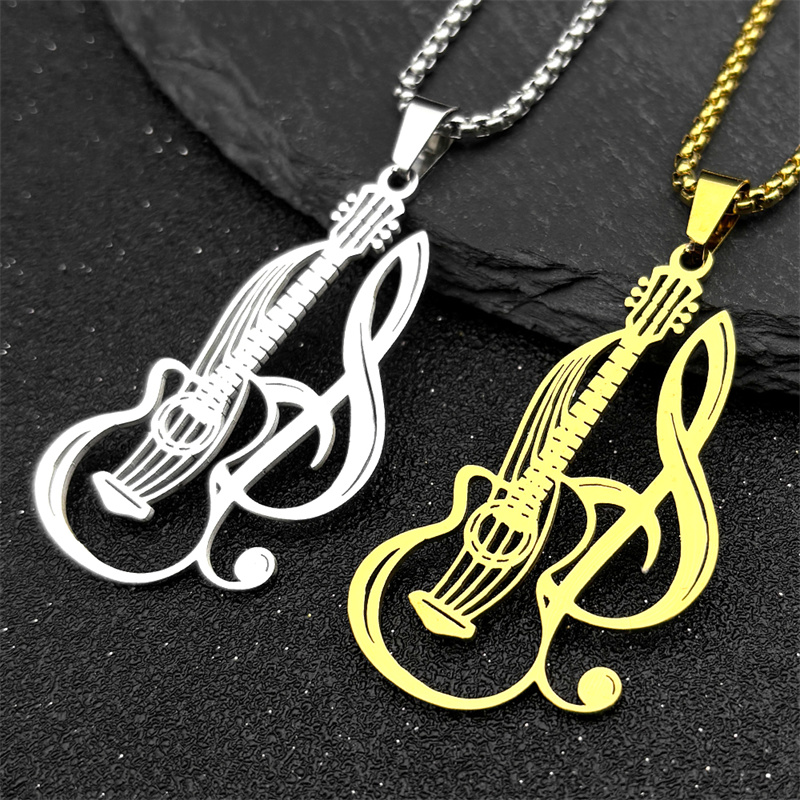 Musical Instrument Symbols - Hiphop กีตาร์ไฟฟ้าเพลงสร้อยคอจี้สําหรับหญิงชายสแตนเลสสตีลเงินสีสัญลักษณ์เพลงศรัทธาเครื่องประดับ