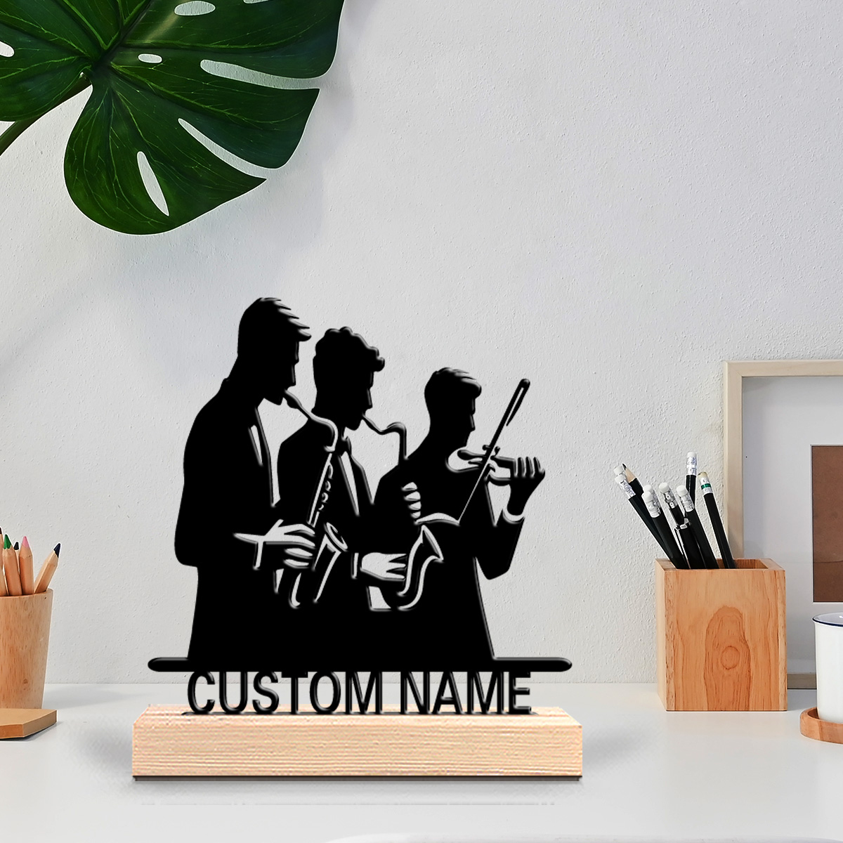 Musical Instrument Name - ของตกแต่งโลหะรูปคนเล่นเครื่องดนตรีพร้อมชื่อสั่งทำพิเศษ ฐานไม้ ของขวัญสำหรับเด็ก