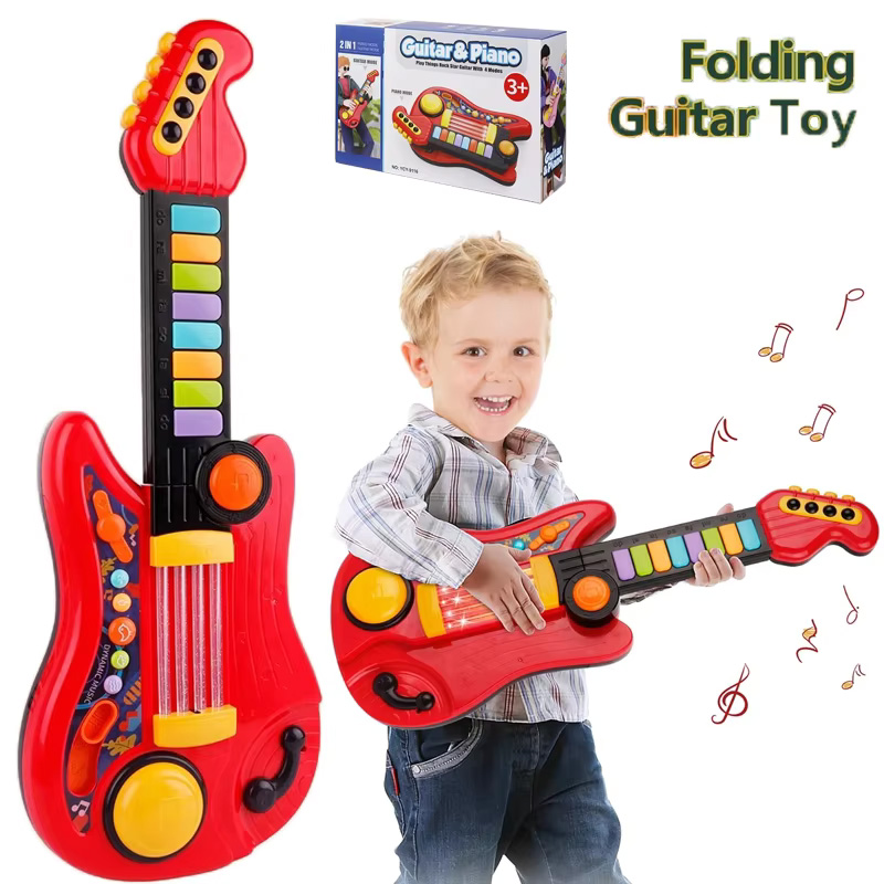 Musical Instrument Drawing - 2 In 1 กีตาร์เด็กไฟฟ้าของเล่นของเล่นพับได้กีตาร์เปียโนเริ่มต้นเครื่องดนตรีการศึกษาสําหรับของขวัญเด็ก/Xmas ของขวัญ