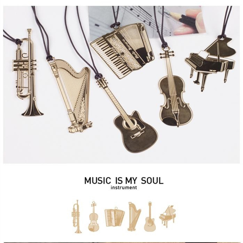 Musical Instrument Symbols - 6PcsเพลงโลหะBookmark Goldสีเครื่องดนตรีเปียโนไวโอลินกีตาร์พิณที่คั่นหนังสือMarker Office A6832